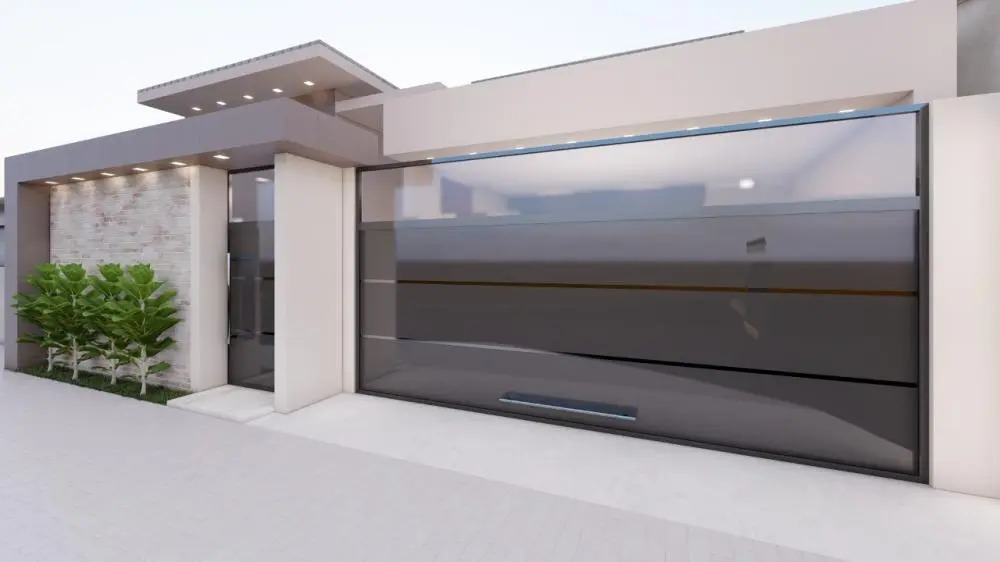Fachada de casa moderna em tons claros, com cobertura plana, iluminação embutida e portão de vidro